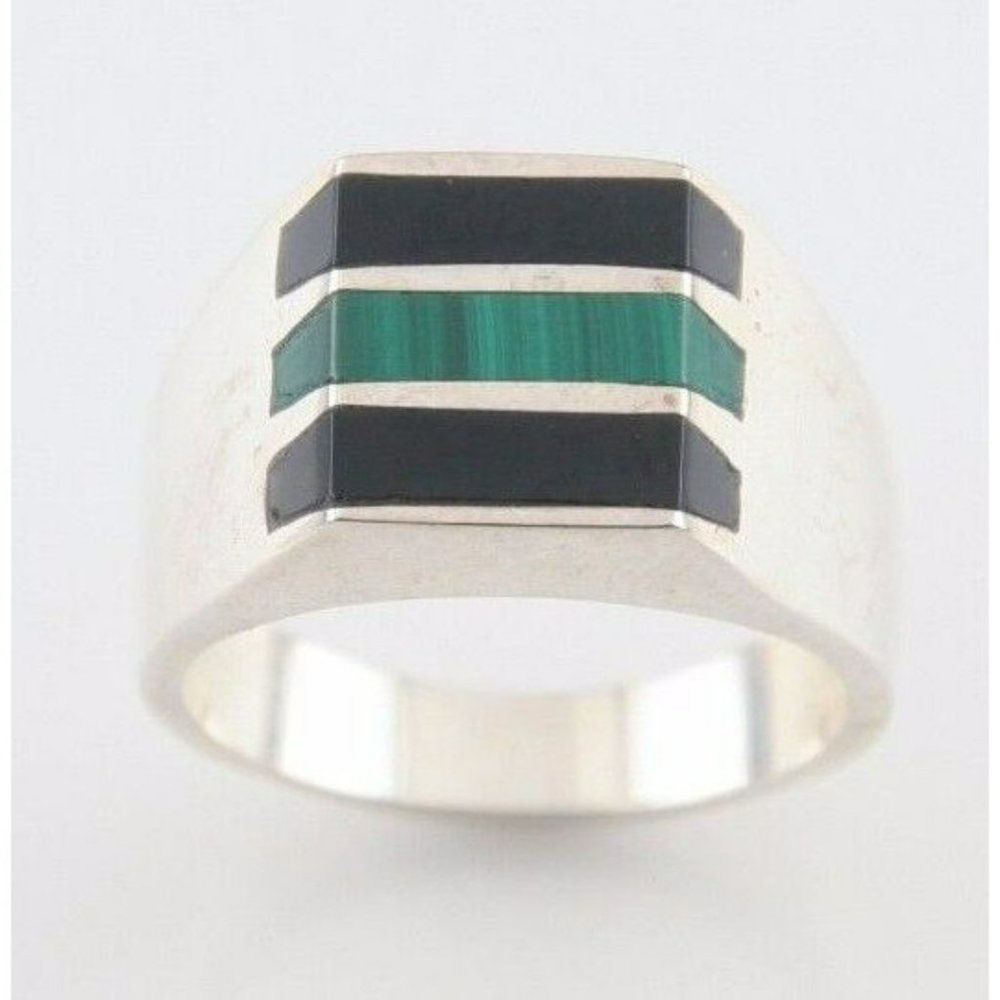 Vintage Mexican Sterling Silver Ring with Malachite & Onyx (Size 11) Taxco TF-83